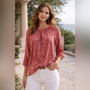 Architect Floral Peasant Blouse PXL | Red Pink Boho 3/4 Sleeve Top